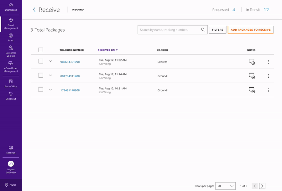 Activity Log showing package history and handling timeline