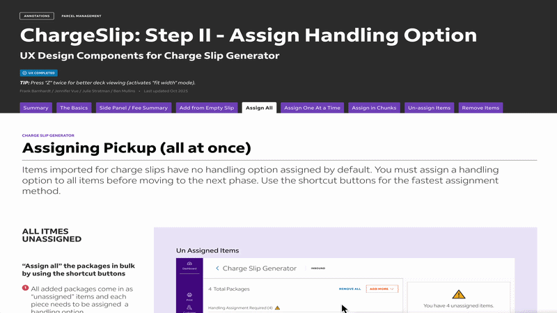 Annotated design walkthrough for Step II — Assign Handling Option