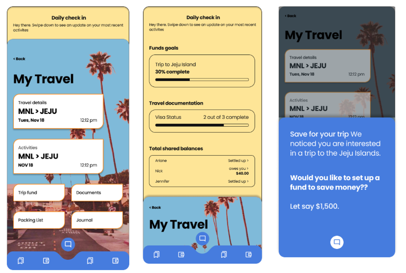 Early mobile concepts for My Travel dashboard, daily check-in, and savings assistant
