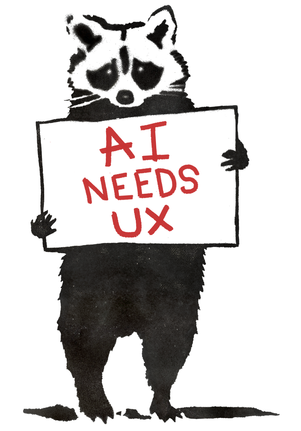 Illustration of a raccoon holding a UX sign